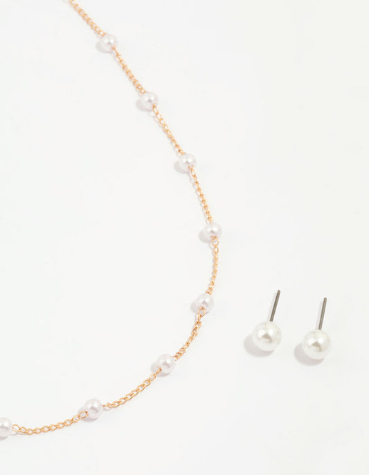 Gold Pearl Station Necklace & Earrings Set