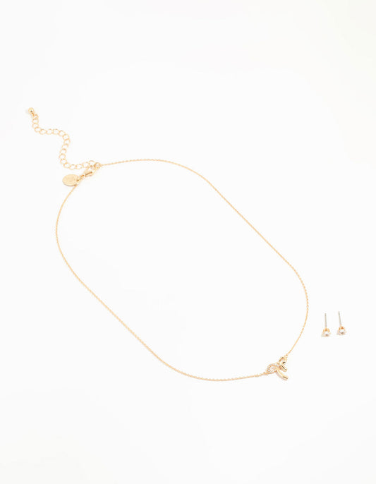 Gold Cubic Zirconia Bow Necklace & Earrings Set