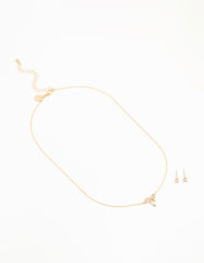 Gold Cubic Zirconia Bow Necklace & Earrings Set