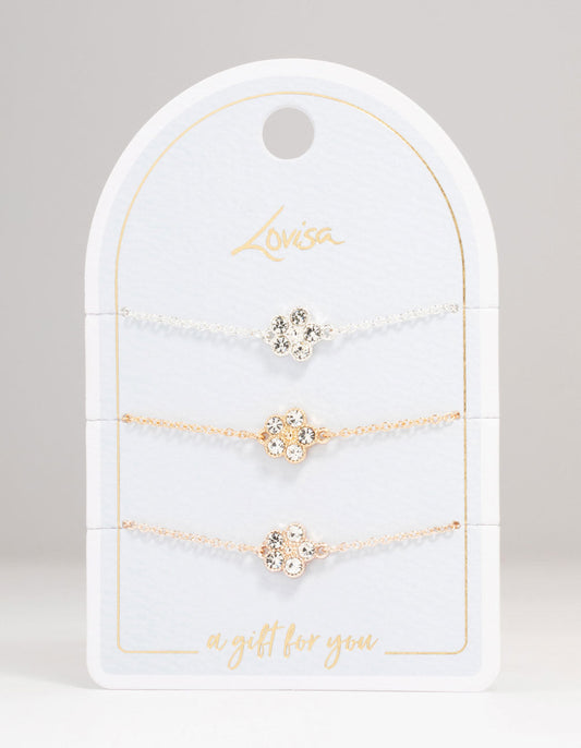 Mixed Metals Diamante Flower Bracelets 3-Pack