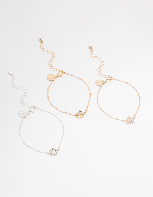 Mixed Metals Diamante Flower Bracelets 3-Pack