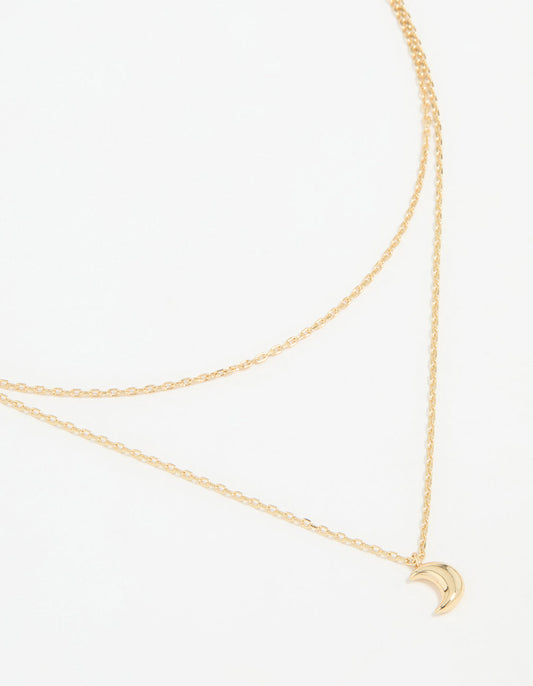Waterproof Gold Plated Stainless Steel Moon Pendant Layered Necklace