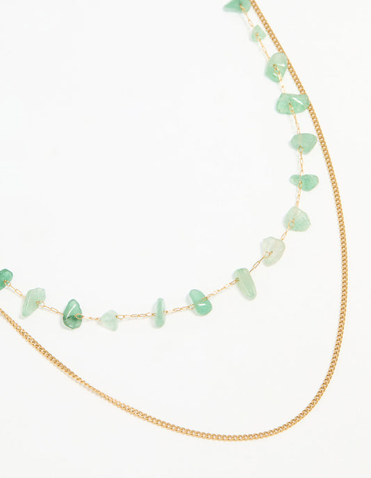 Waterproof Gold Plated Stainless Steel Green Stone Layered Necklace