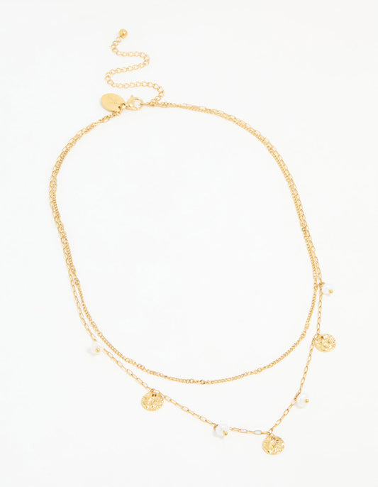 Waterproof Gold Plated Stainless Steel Pearl & Coin Layered Necklace
