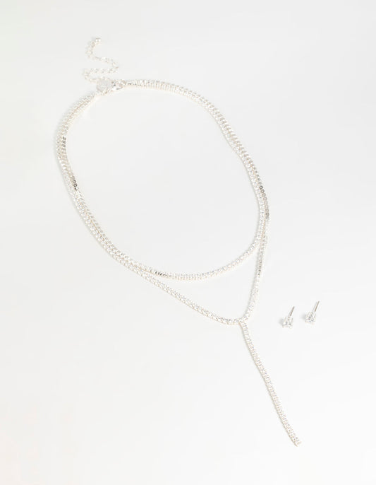 Silver Cubic Zirconia Layered Tennis Necklace & Stud Earrings Set