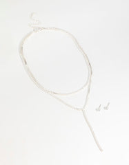 Silver Cubic Zirconia Layered Tennis Necklace & Stud Earrings Set