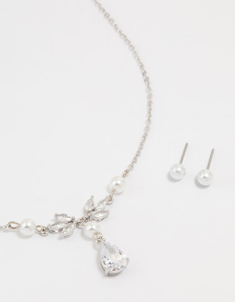 Silver Pearl Cubic Zirconia Drop Necklace & Earrings Set