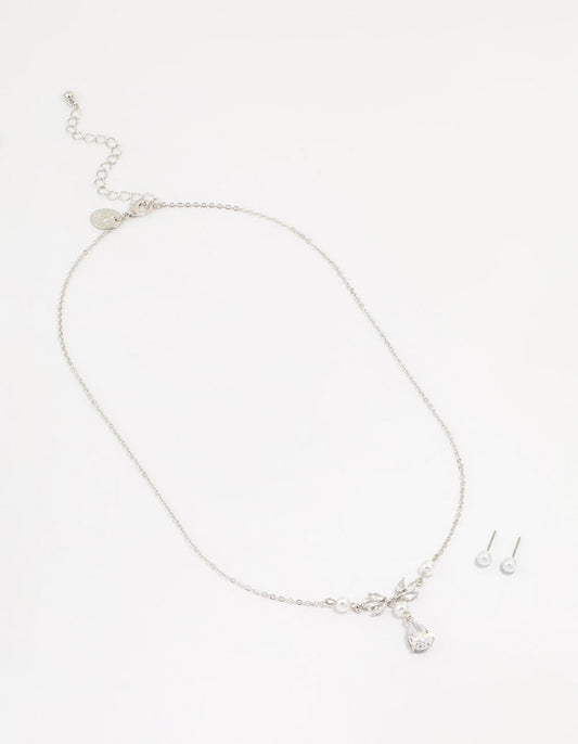 Silver Pearl Cubic Zirconia Drop Necklace & Earrings Set