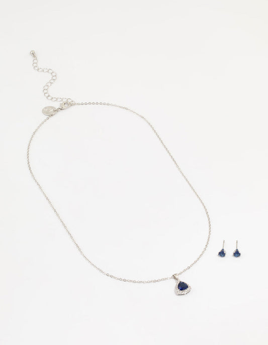 Silver Blue Cubic Zirconia Blue Pendant Necklace & Earrings Set