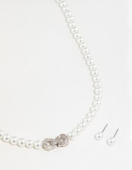 Silver Pearl Double Hoop Necklace & Earrings Set