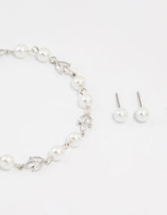 Silver Cubic Zirconia Pearl Leaf Bracelet & Earrings Set