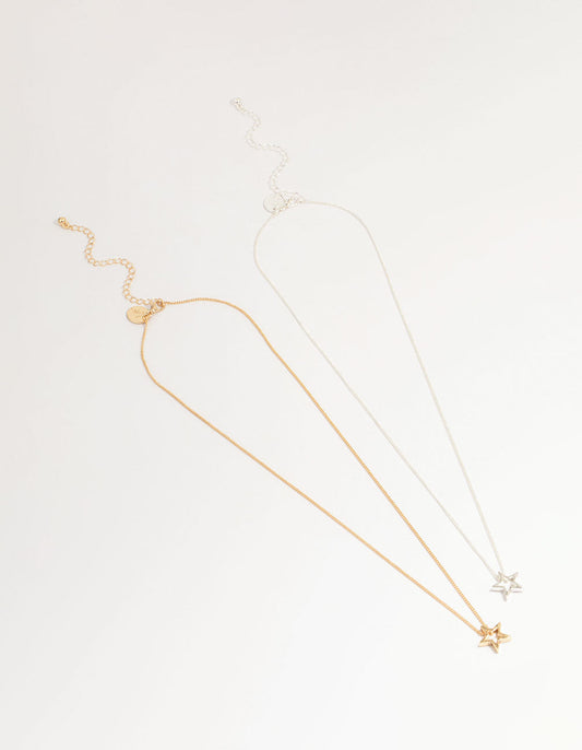 Mixed Metal Cutout Star Pendant Necklaces 2-Pack