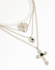 Silver Pearl Cross Layered Necklace