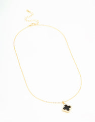 Gold Plated Diamante Outline Black Flower Pendant Necklace