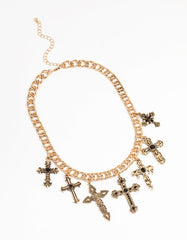 Antique Gold Black Metallic Cross Charm Necklace