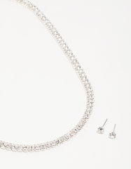 Silver Diamante Tennis Necklace & Earrings Set