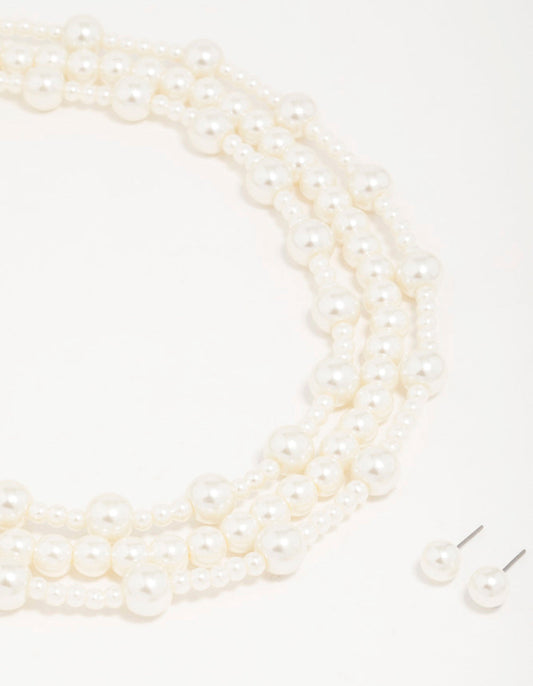 Silver Pearl Layered Necklace & Earrings Set