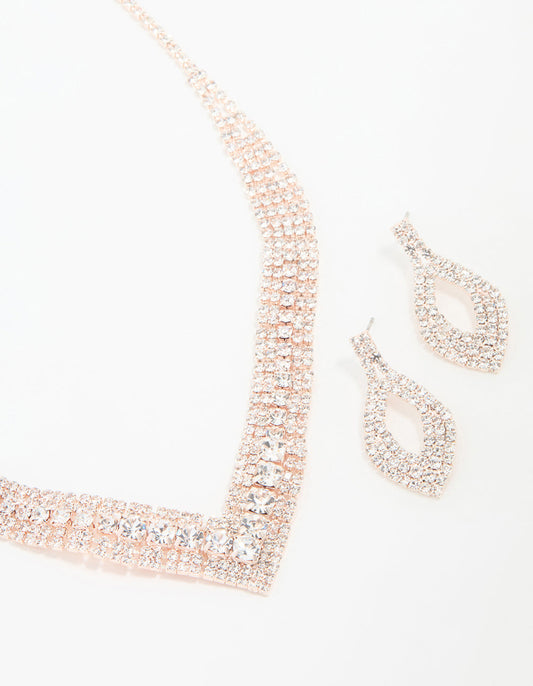 Rose Gold Diamante Pointed Cupchain Earring & Necklace Set