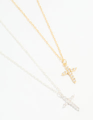 Mixed Metal Cross Cubic Zirconia Pendant Necklaces 2-Pack