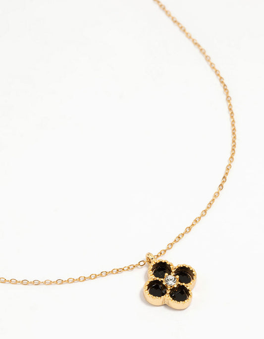 Waterproof Gold Plated Stainless Steel Black Flower Pendant Necklace