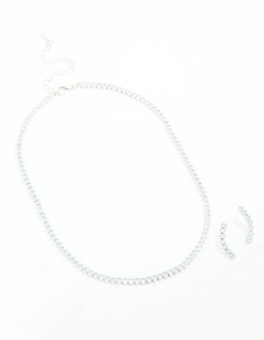 Silver Cubic Zirconia Navette Necklace & Earrings Set
