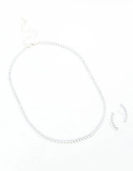 Silver Cubic Zirconia Navette Necklace & Earrings Set