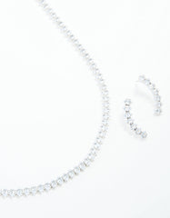 Silver Cubic Zirconia Navette Necklace & Earrings Set