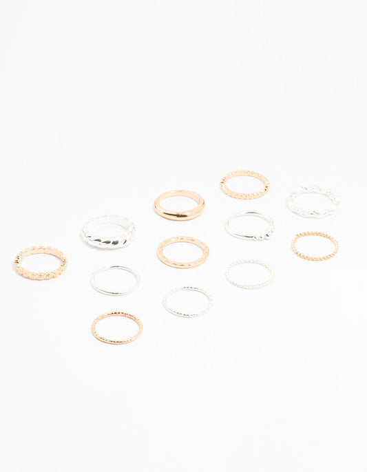 Mixed Metal Textured Spiral Stacking Rings 12-Pack