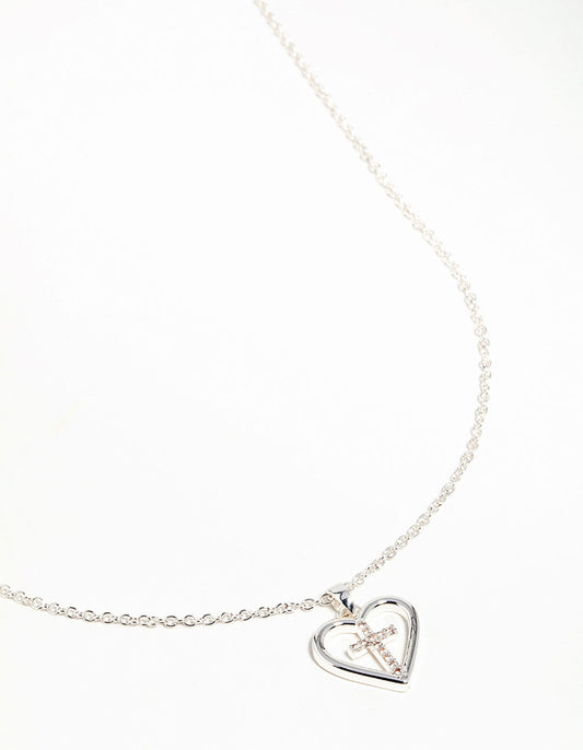 Silver Plated Heart & Cross Pendant Necklace