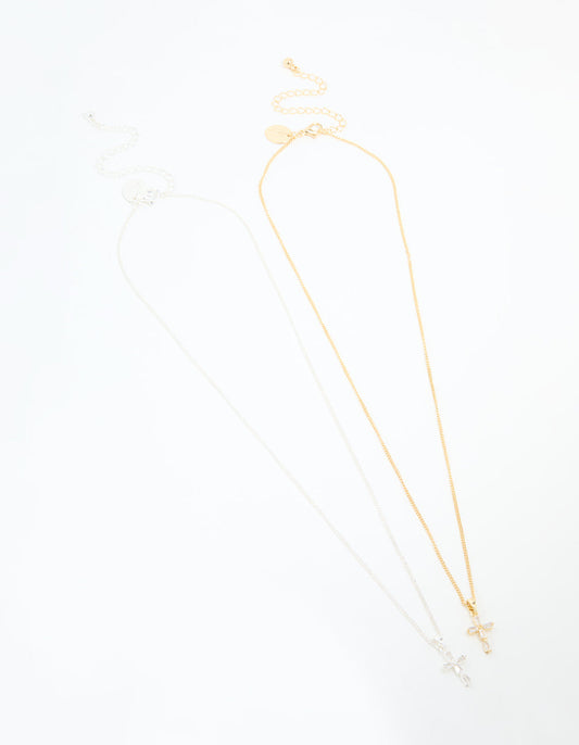 Mixed Metal Cubic Zirconia Cross Pendant Necklace Pack