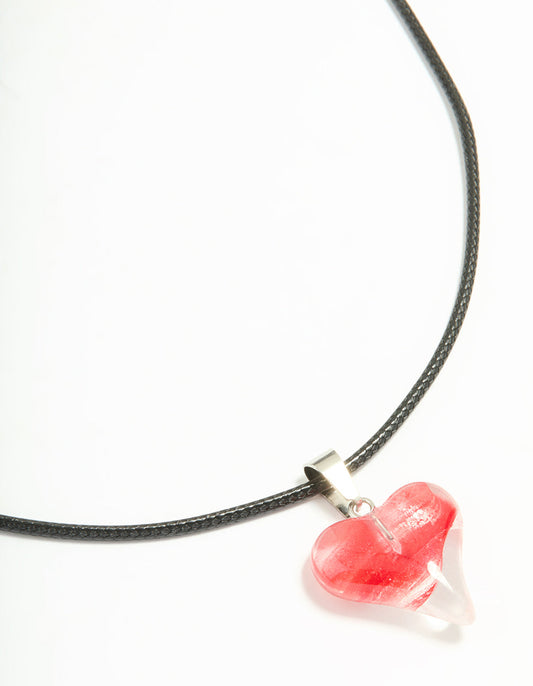 Red Bubble Heart Pendant Black Cord Necklace