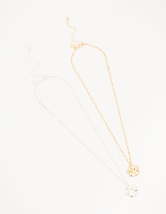 Mixed Metal Frangipani Pendant Necklaces 2-Pack