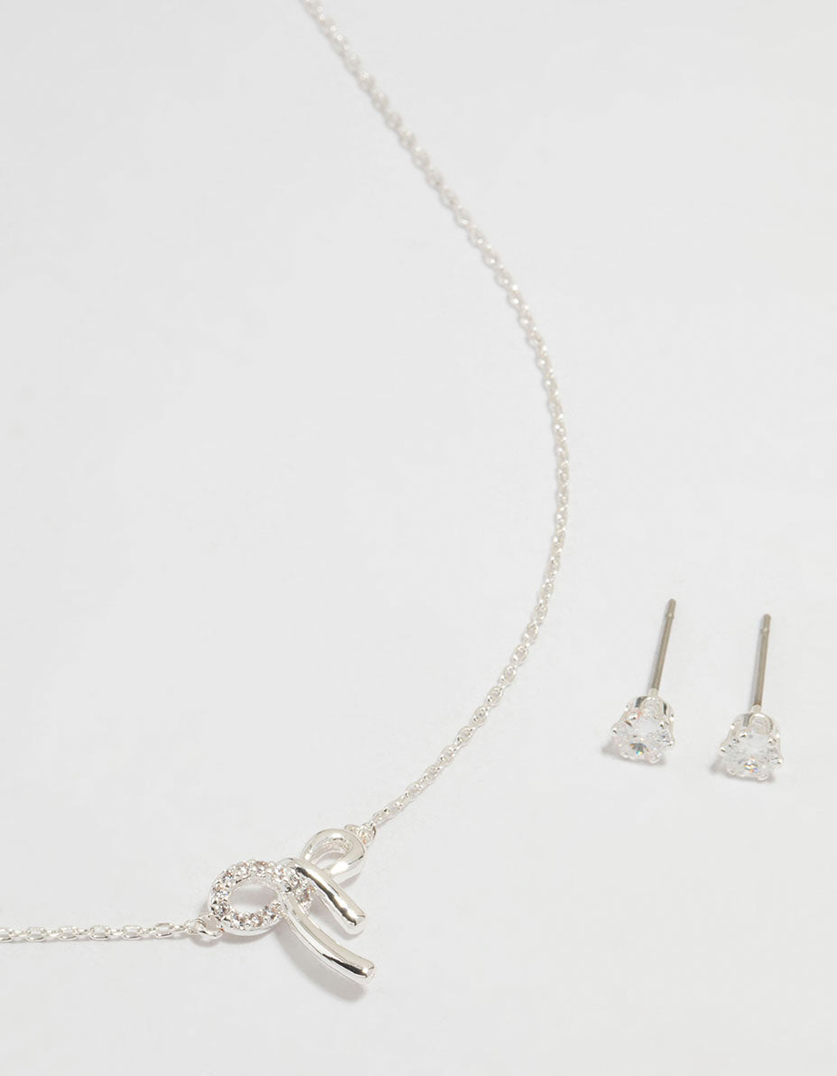 Silver Cubic Zirconia Bow Necklace & Earrings Set