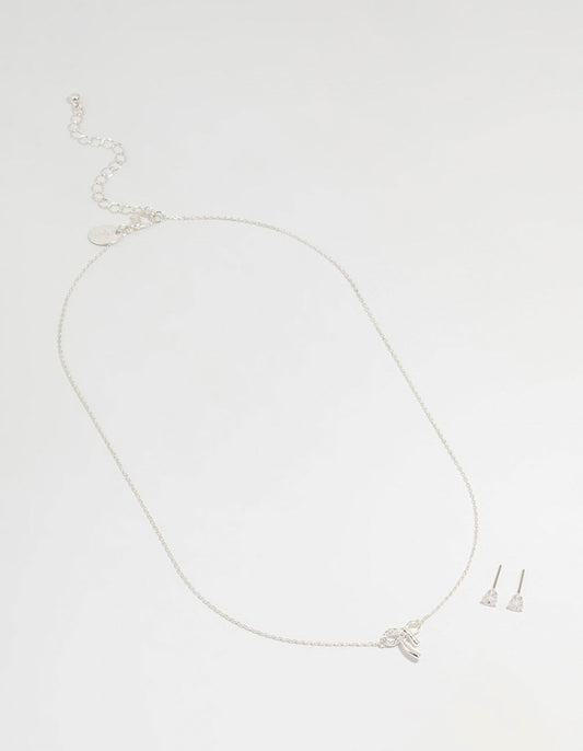 Silver Cubic Zirconia Bow Necklace & Earrings Set