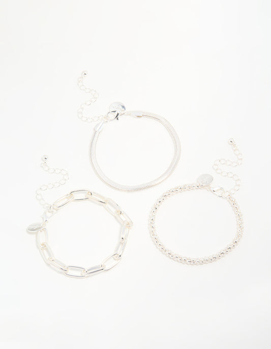 Silver Mixed Chains Bracelet 3-Pack