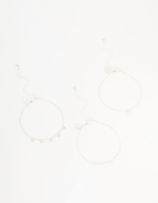 Silver Diamante Bow & Heart Bracelets 3-Pack