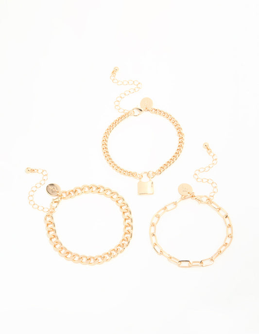 Gold Mixed Chain & Lock Bracelet 3-Pack