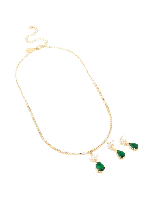 Gold Green Cubic Zirconia Pear Necklace & Earrings Set