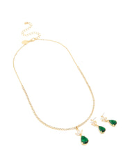 Gold Green Cubic Zirconia Pear Necklace & Earrings Set