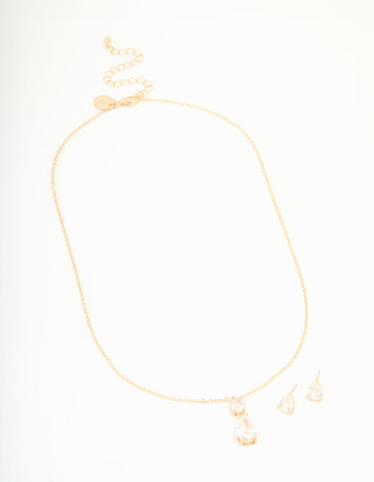 Gold Cubic Zirconia Classic Teardrop Earrings & Necklace Set