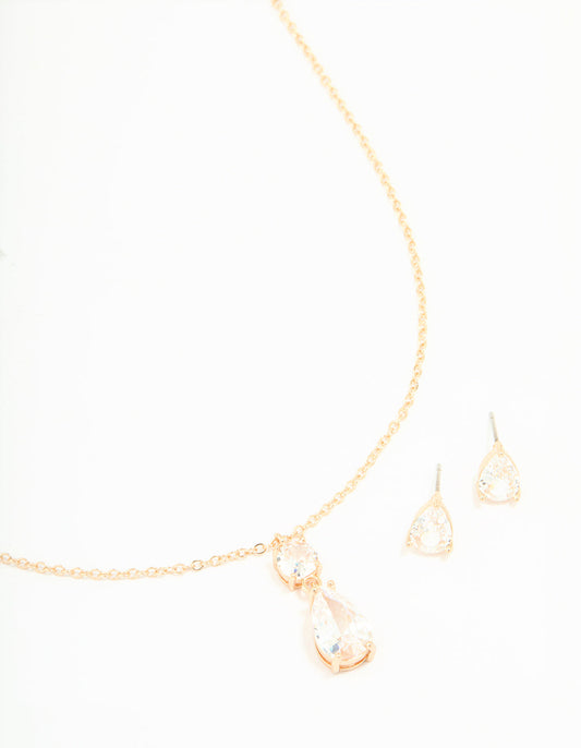 Gold Cubic Zirconia Classic Teardrop Earrings & Necklace Set