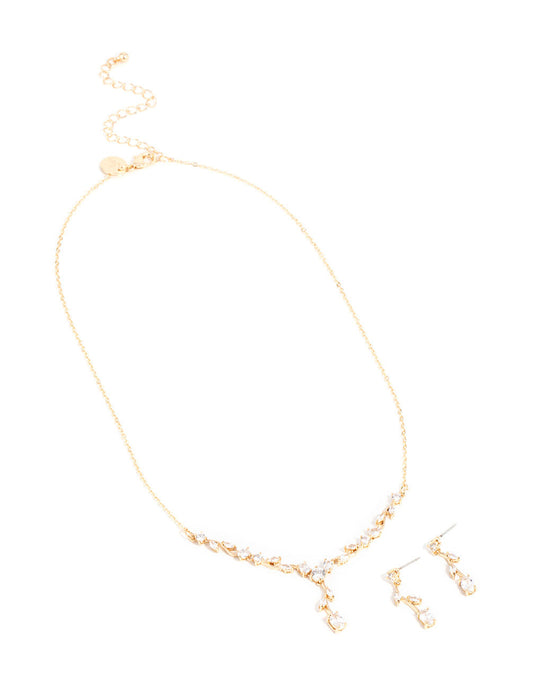 Gold Cubic Zirconia Flower Vine Necklace & Drop Earrings Set