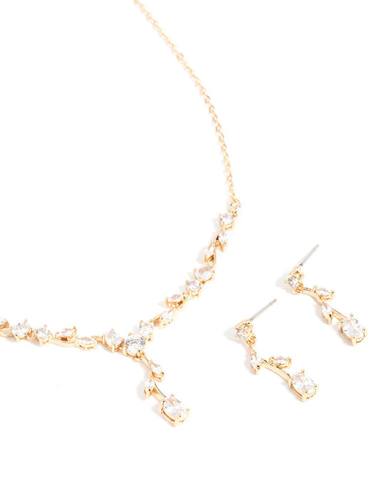 Gold Cubic Zirconia Flower Vine Necklace & Drop Earrings Set