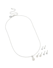 Silver Cubic Zirconia Freshwater Pearl Stud Necklace & Earrings Set