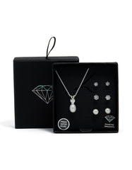 Silver Cubic Zirconia Freshwater Pearl Stud Necklace & Earrings Set