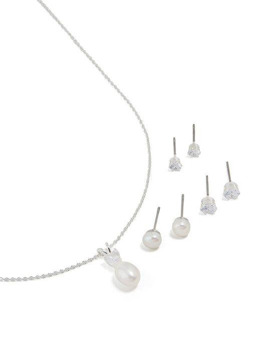 Silver Cubic Zirconia Freshwater Pearl Stud Necklace & Earrings Set