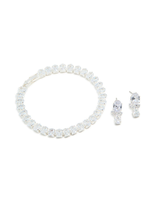 Silver Cubic Zirconia Tennis Bracelet & Teardrop Earrings Set