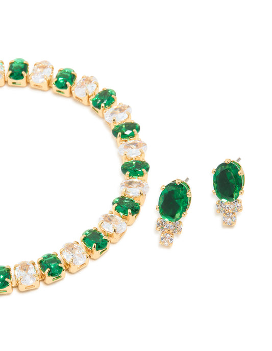 Gold Plated Green Cubic Zirconia Tennis Bracelet & Earrings Set