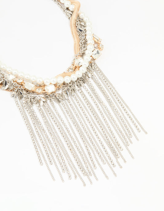 Mixed Metal Pearl Chain Fringe Necklace