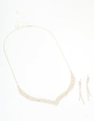 Silver Diamante Thin Pavé Twisted Necklace & Earrings Set